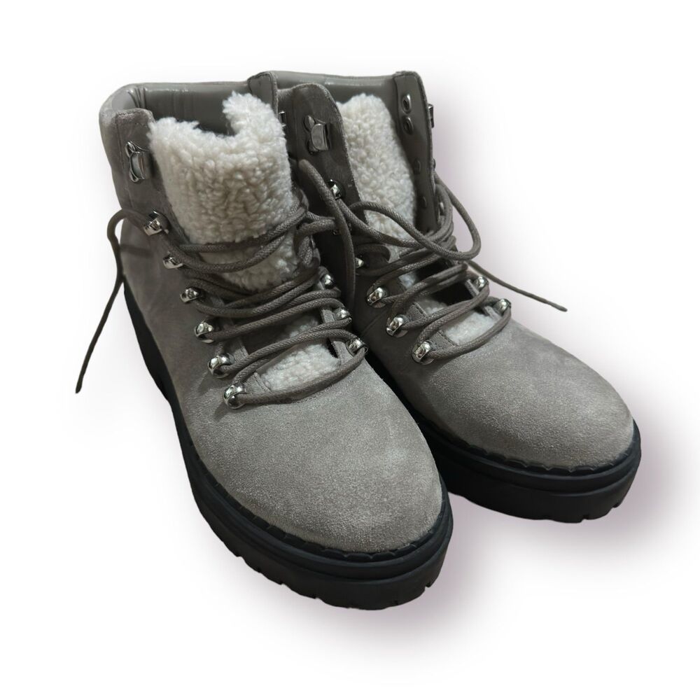 Marc‎ Fisher LTD Nairy Hiking Boot Leather Faux Fur Gorpcore Grey Womens 6.5M